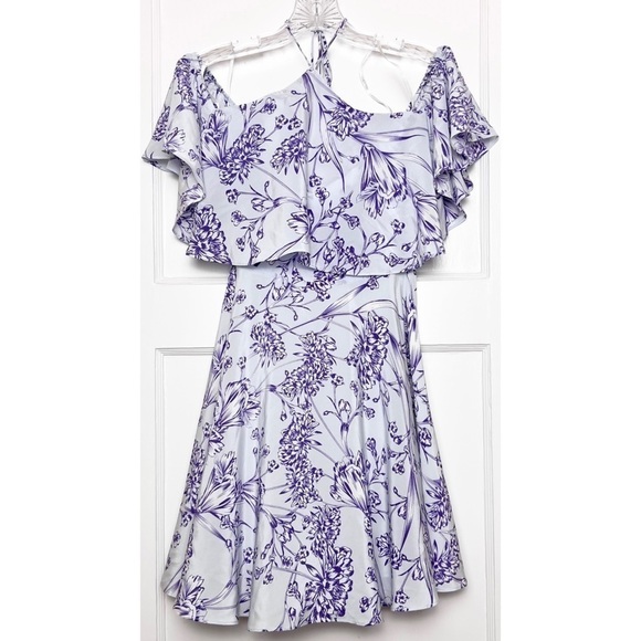 AMANDA UPRICHARD 70s Silk Floral Halter Neck Ruffled Off Shoulder Mini Dress XS - Picture 3 of 8